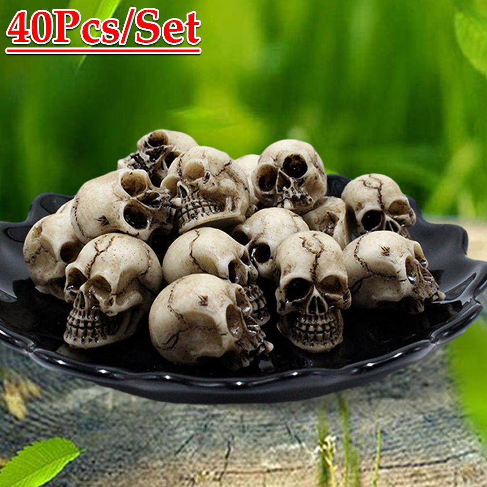 40Pcs Skull Head Sculptures Collectable Halloween Miniature Skulls Heads Decorative Creative Landscape Garden Potted Plant Decor