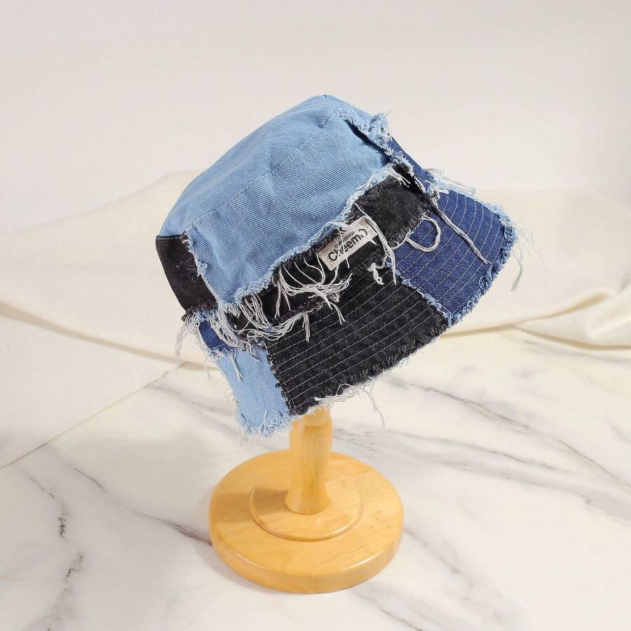 Vintage Distressed Denim Bucket Hat Blue Patchwork Raw Hem Retro Sun Cap For Adults