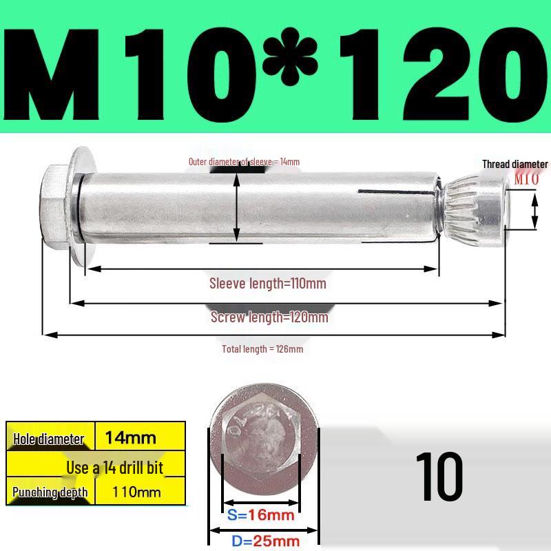 Stainless Steel Expansion Screw: Hexagonal Head with Internal Expansion (304/201), Sizes M6, M8, M10, M12.