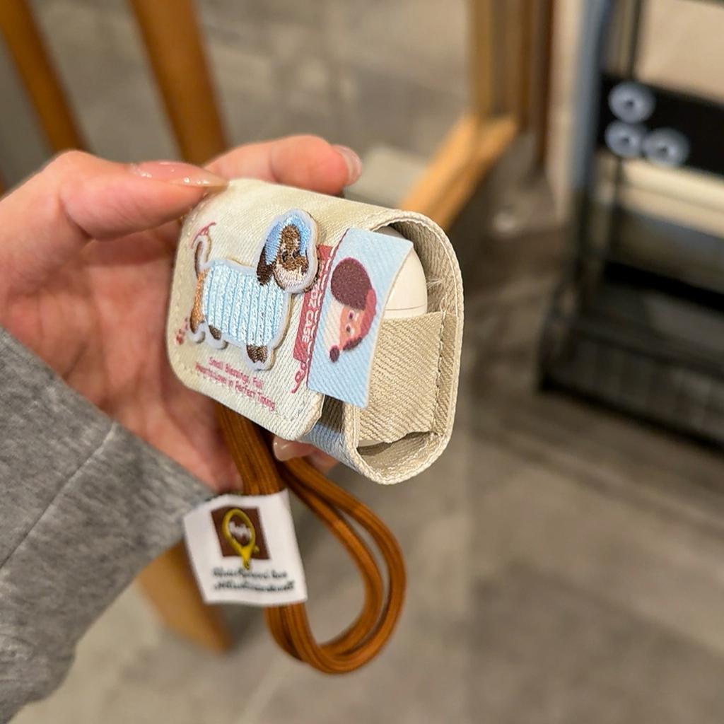 For AirPods 1 2 3 4 Pro 2 Pro 3 Case Cartoon Embroidery Dachshund Dog Denim Pattern Earphone Case Cover Leather with Lanyard