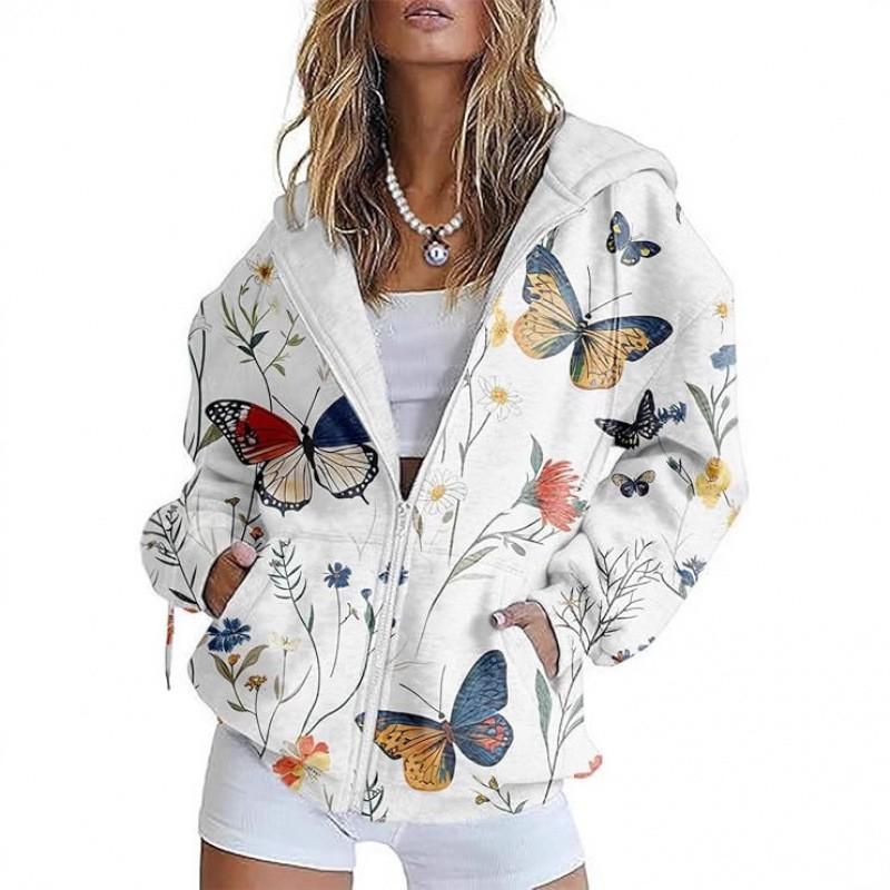 Womens Oversized Hooded Zip-Up Sweatshirt With 3D Printed Winter Casual Loose Fit