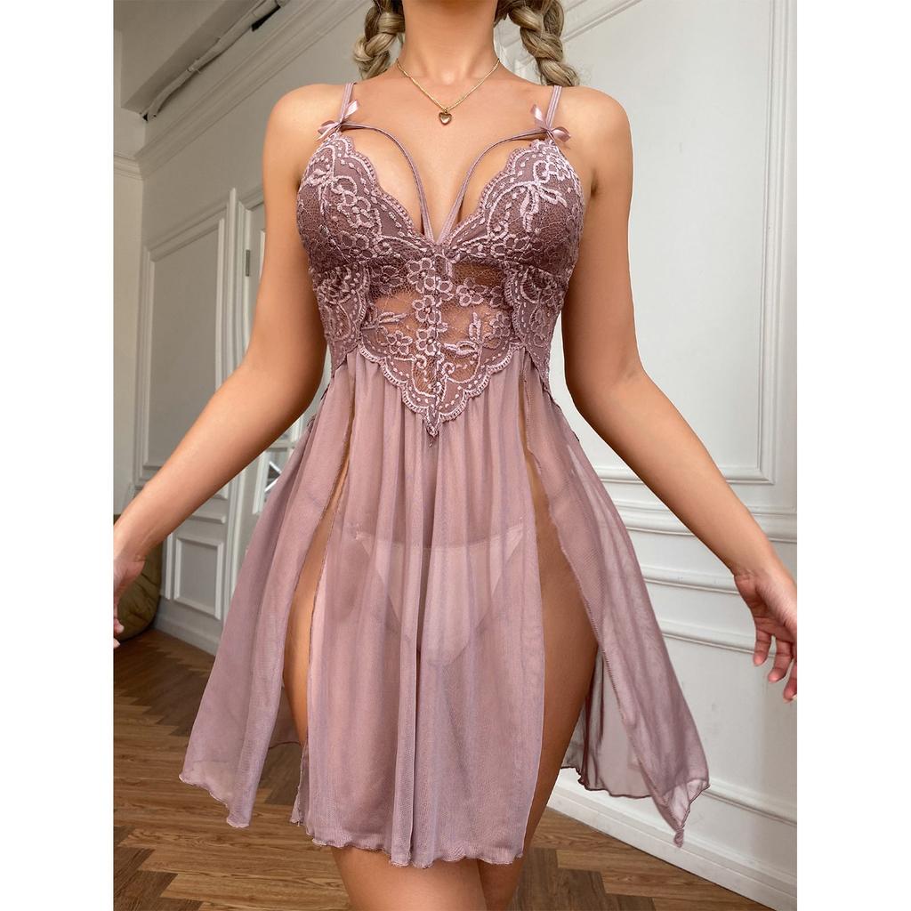 Women's Lace Panel Split Nightdress and Panty Set Adjustable Straps Sheer Mesh Fabric Soft Material Comfortable Fit Sleepwear