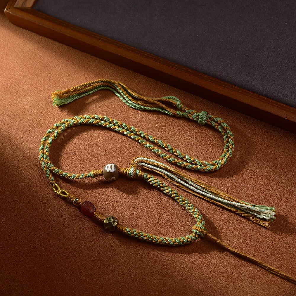 Tibetan Handmade Adjustable Thangka Pendant Necklace with Dzi Bead and Amber Jade Cord