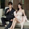 Spring and Autumn Pajamas Ice Silk Women's Long-sleeved Sexy Lace Suspender Chest Pad Nightgown Summer Morning Robe Men's Loungewear Suit