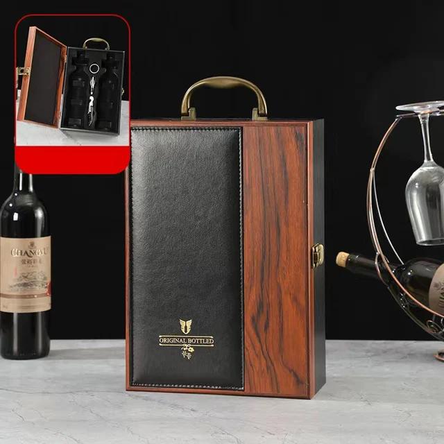 Luxury Double Leather Box Wine Bottle Wooden Organizer Wood Holder for Red Champagne with Cocktail Set