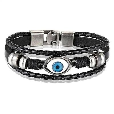 Perfect Blue Evil Eye Leather Braided Wrap Multi Layer Black Band Adjustable Bracelet for Men, Boys