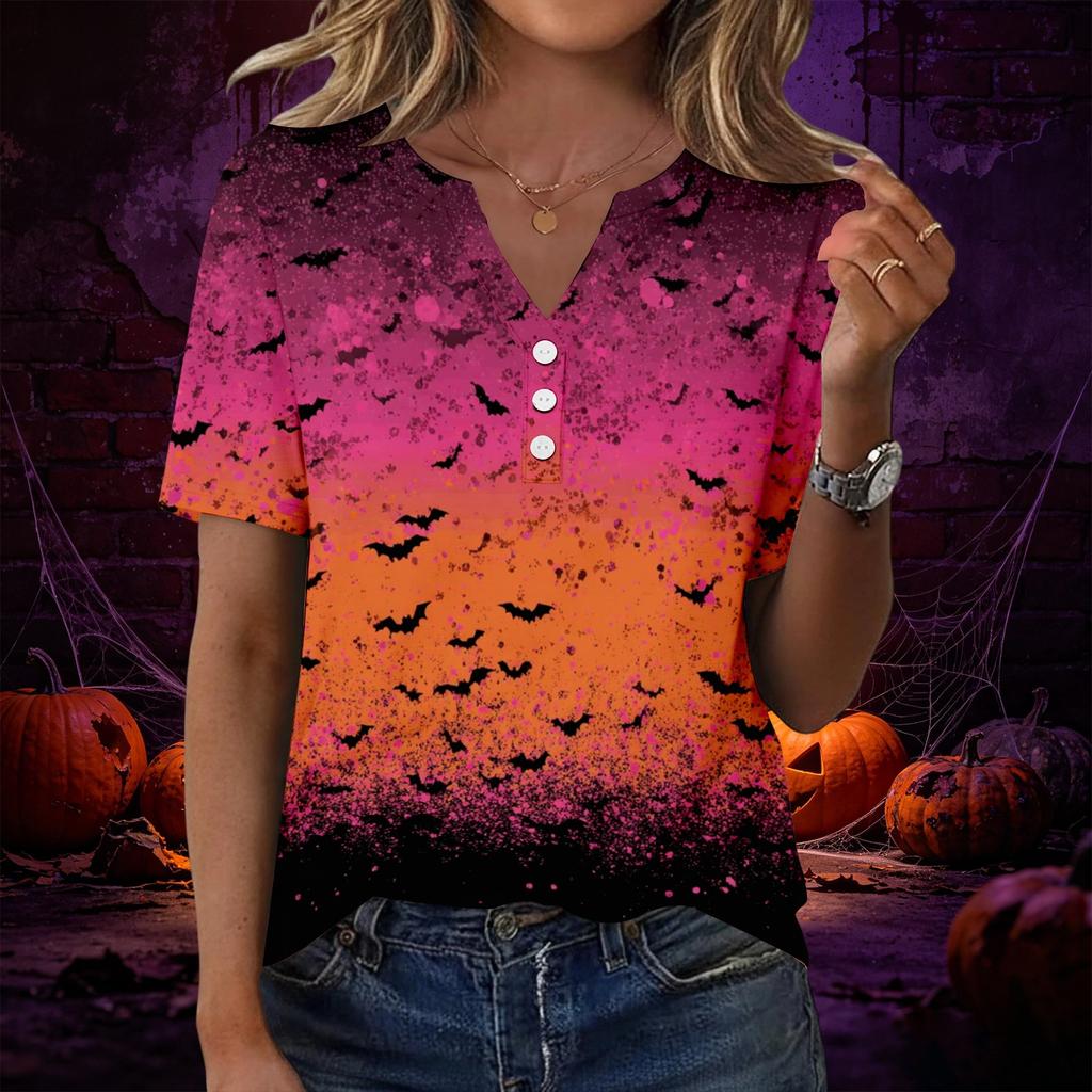 Women V Neck Short Sleeve Button Decor Top with Halloween Print Casual Loose Fit T Shirt for Daily Wear