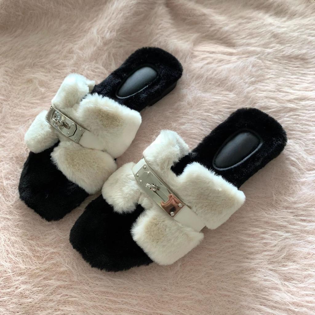 Suding Home "Mao Mao Tuo" Summer Gentle Fashion Versatile Premium Sense Flat Bottom One Word Plush Cotton Slippers Women's New