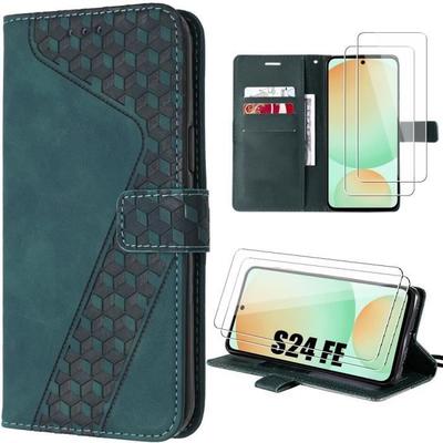 Case for Samsung Galaxy S24 FE (not for S24) with 2 Tempered Glasses, Synthetic Leather with Card Slots - Night Green
