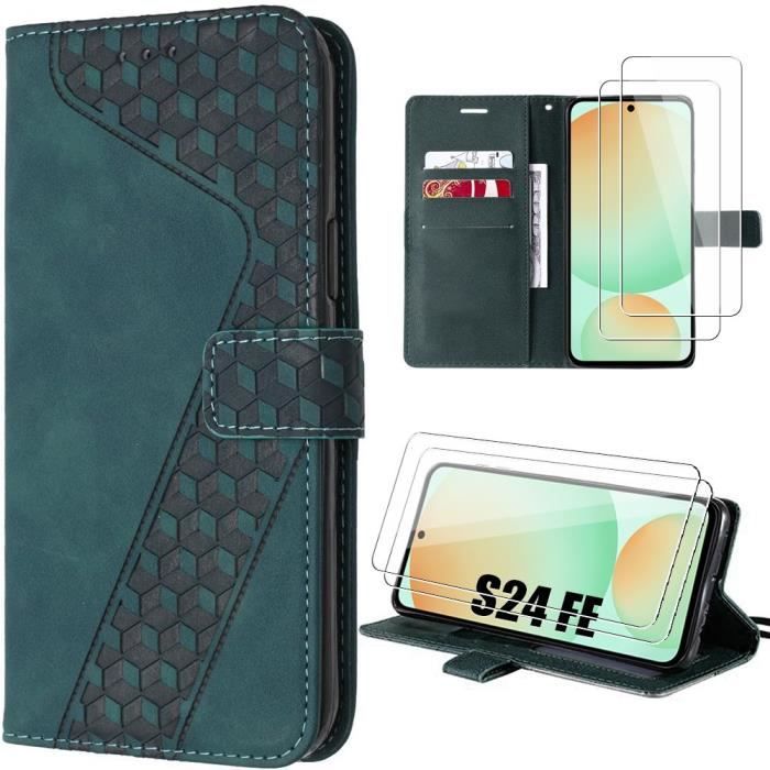 Coque pour Samsung Galaxy S24 FE (pas pour S24) avec 2 Verres Trempés, Synthécuir avec Fentes pour Carte - Vert Nuit