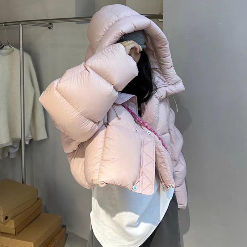 Abrigo Corto de Plumas Retro para Mujer Chaqueta Acolchada de Invierno con Capucha Ropa Exterior Gruesa de Algodón Moda Vintage Tendencia