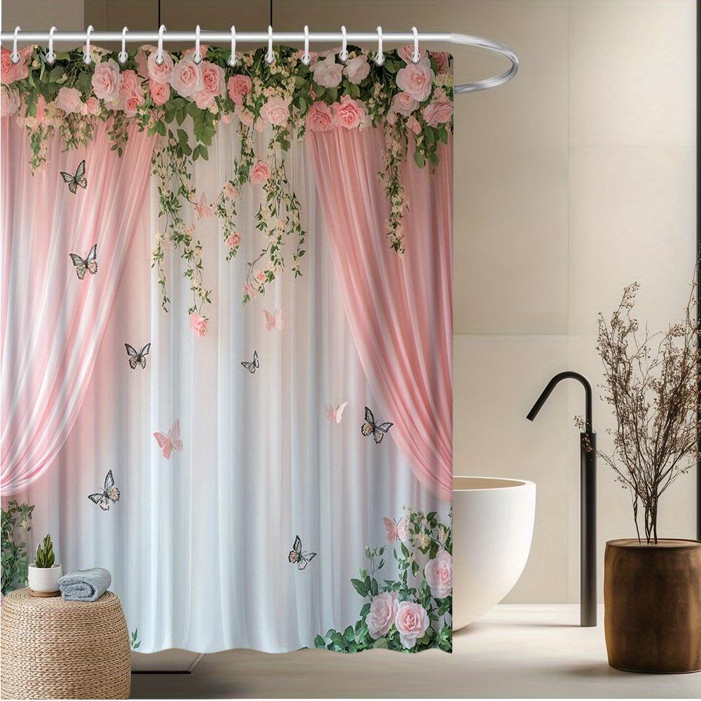 

Romantic Floral Shower Curtain – Pink & White Drapes, Cascading Roses, Butterflies, Soft Ethereal Design, 70.8x70.8in, Includes 90x180cm35x71in