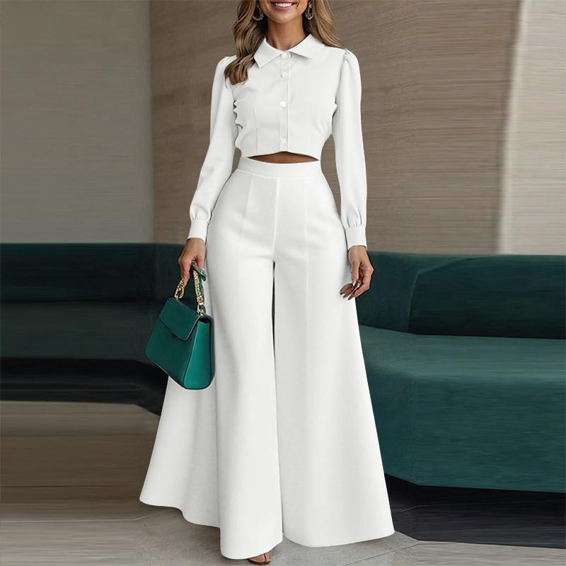 

ZANZEA Женский кроп-топ с длинным рукавом и брюки с широкими штанинами, повседневный костюм-двойка белый