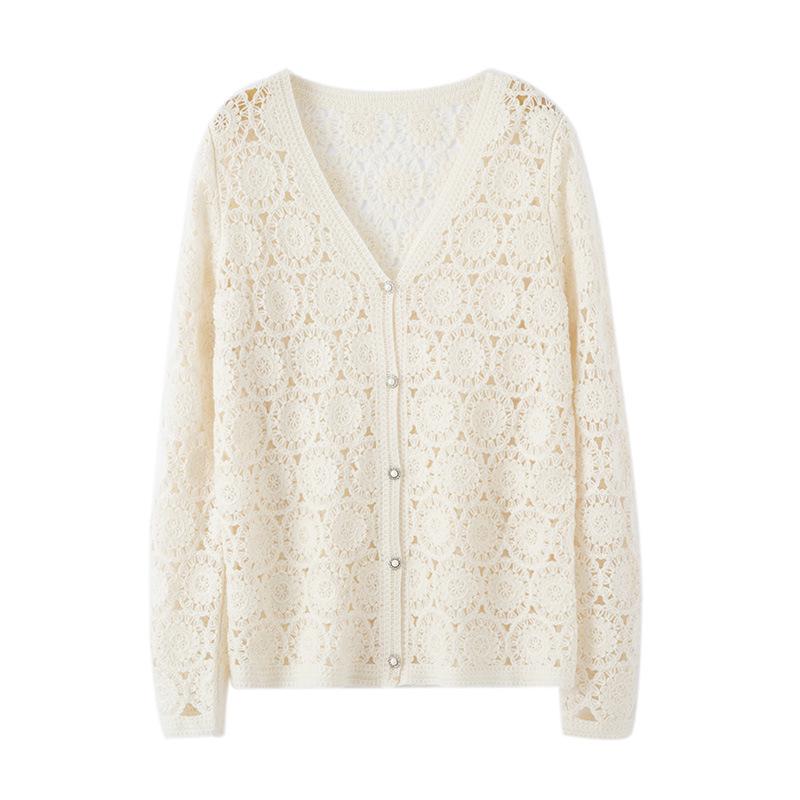 Women's V-Neck Cashmere Cardigan: Ethnic Style, Hollow Knit, Elegant, Versatile Sweater for Autumn and Winter