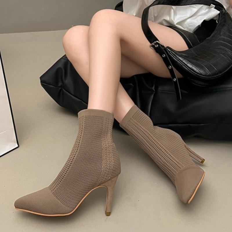 Women's Fashion Knit Mesh Breathable Short Thigh Boots Fall New Pointed Toe Pullover Foot Non-Slip Stiletto Heels