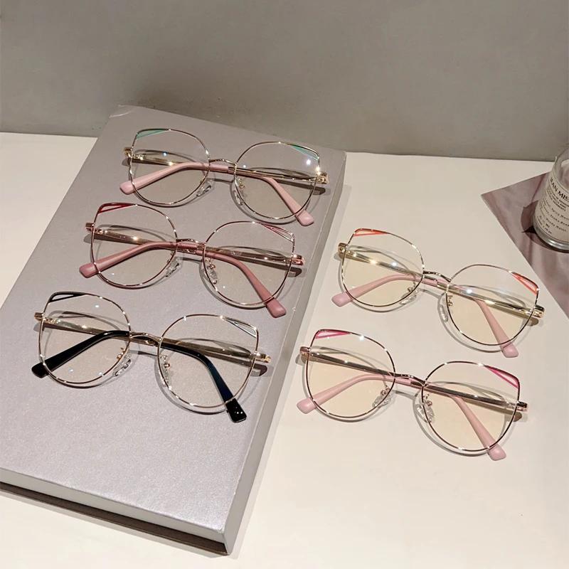 Oversized Cat Eye Glasses Women New Vintage Metal Rim Blue Light Blocking Eyeglasses Trendy Fashion Design Optical Frames