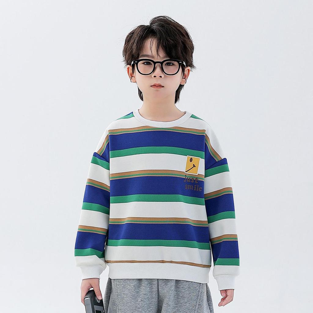 Boys' Fleece-Lined Striped Crewneck Hoodie - 2025 Autumn/Winter, Thick Long-Sleeve, Fashionable for Older Children
