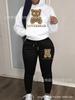 A Two-piece Sweatshirt and Pants Set with Monogram Bear Letters Printed and High-waisted Drawstring Jogger Legs, Casual Women's Wear Set