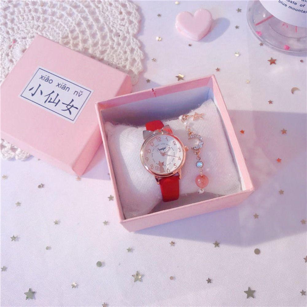 

Часы с браслетом «кошачьи ушки» Кожаный ремешок для часов Наручные часы Креативные кварцевые часы красный