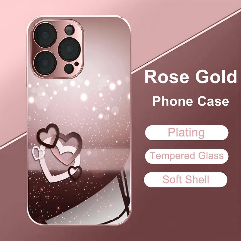 Love Heart Pattern Pink Metallic Tempered Glass Phone Case For iPhone 11 12 13 14 15 16 17 Pro Max 15 Plus 17 Air 16E Cover
