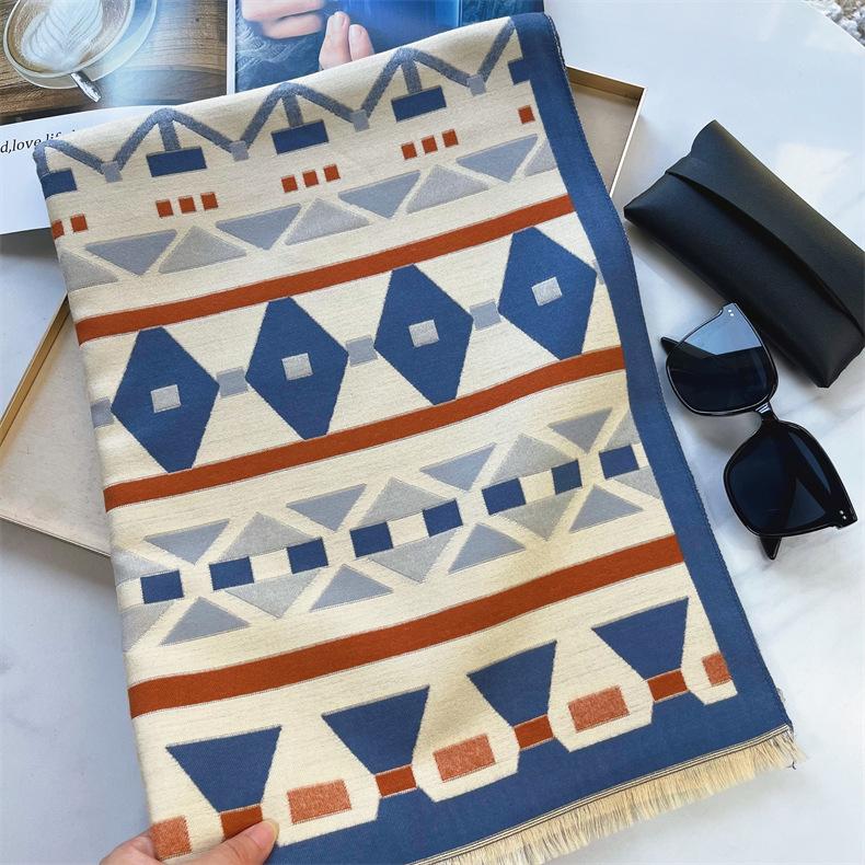 2024 Herbst/Winter Neuer Farbblock-Imitat-Kaschmir-Quastenschal für Damen, verdickter, warmer, doppelseitiger Jacquard-Wollschal