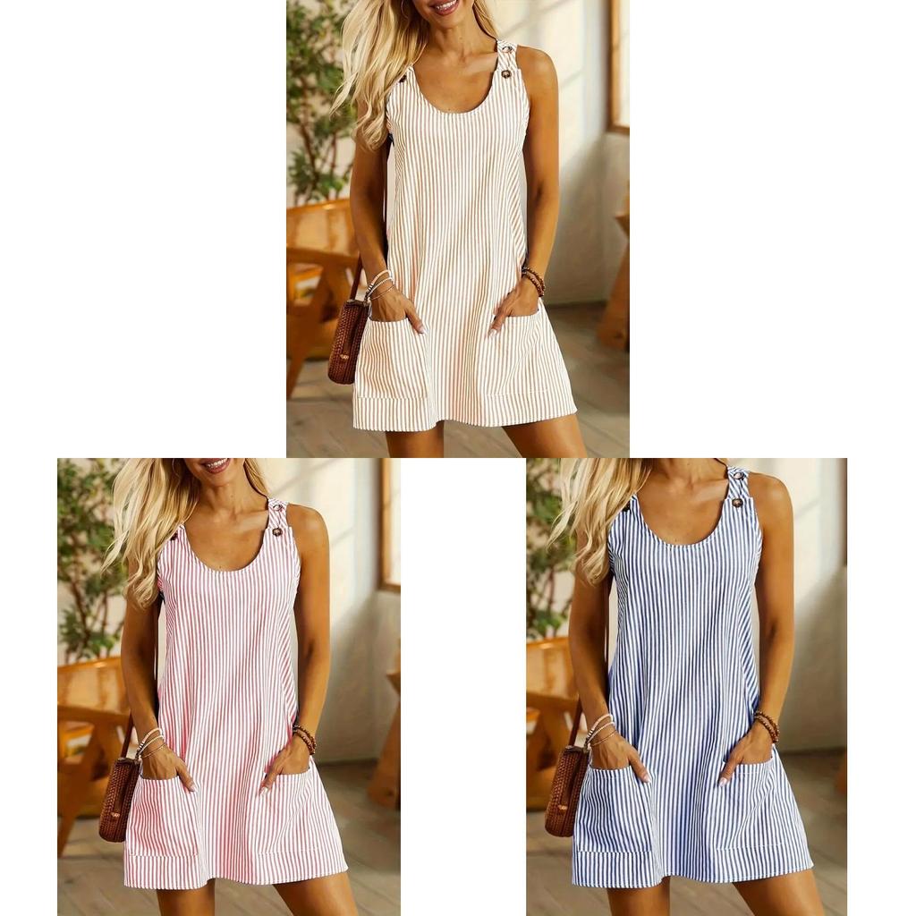 Casual Cotton Polyester Striped Pocket Aline Dress For Spring And Summer Wear