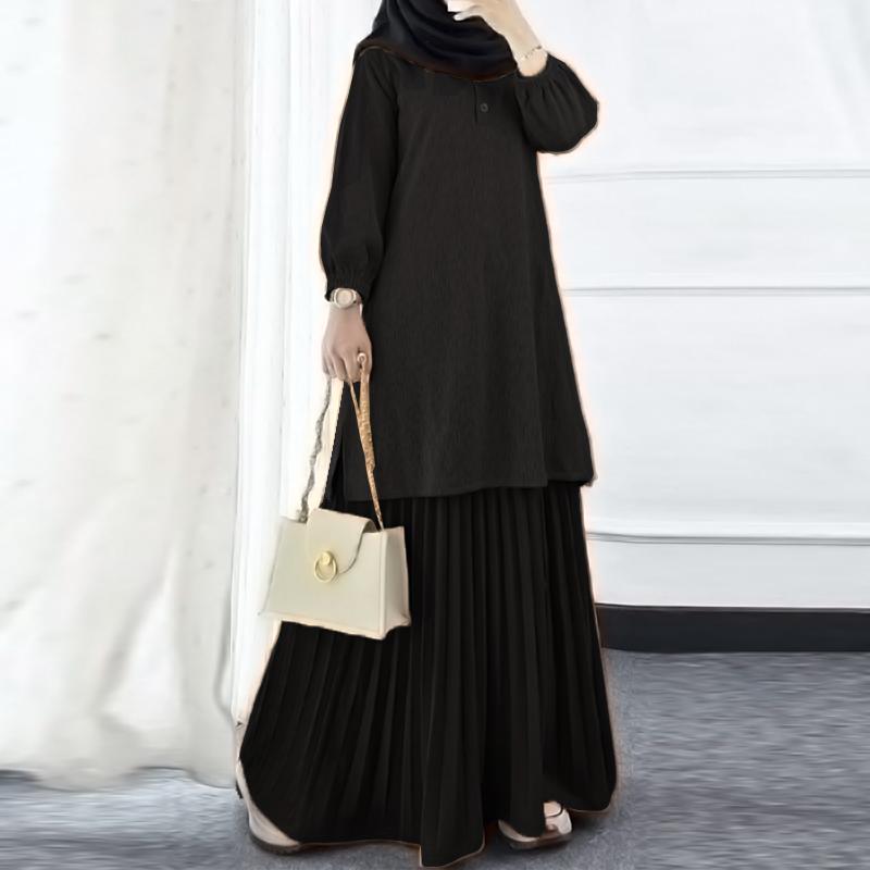 ZANZEA Women Long Sleeve Blouse and Pleated Skirts Casual Two Piece Suit Sets