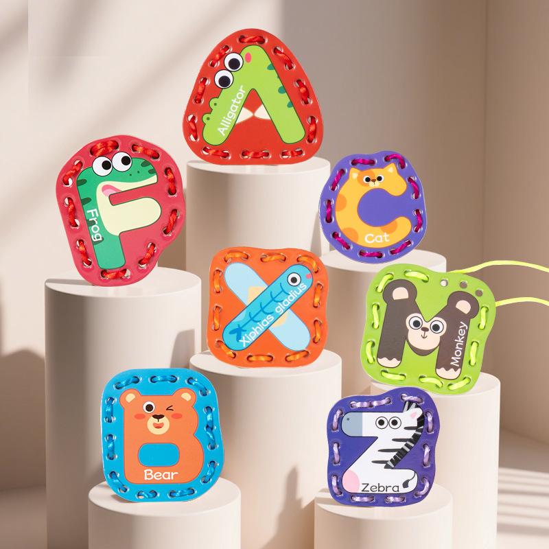 Children'S Animal Letter Card Rope Game Kindergarten Puzzle Early Education Hand-Eye Coordination Training Paper Toy