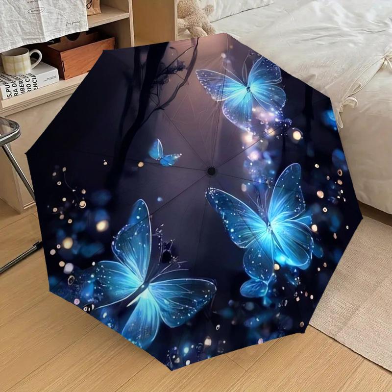 1pc Enchanted Blue Butterfly Garden Umbrella with Plastic Handle,Suitable for All Seasons Home Travel Outdoor UmbrellaDD136