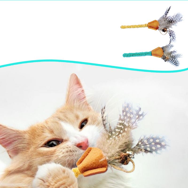 Cat Wand 2X Cat Chew Toys Feather Teething Enrichment Promotes Play Exercise And Reduces Boredom For Indoor Outdoor Activities