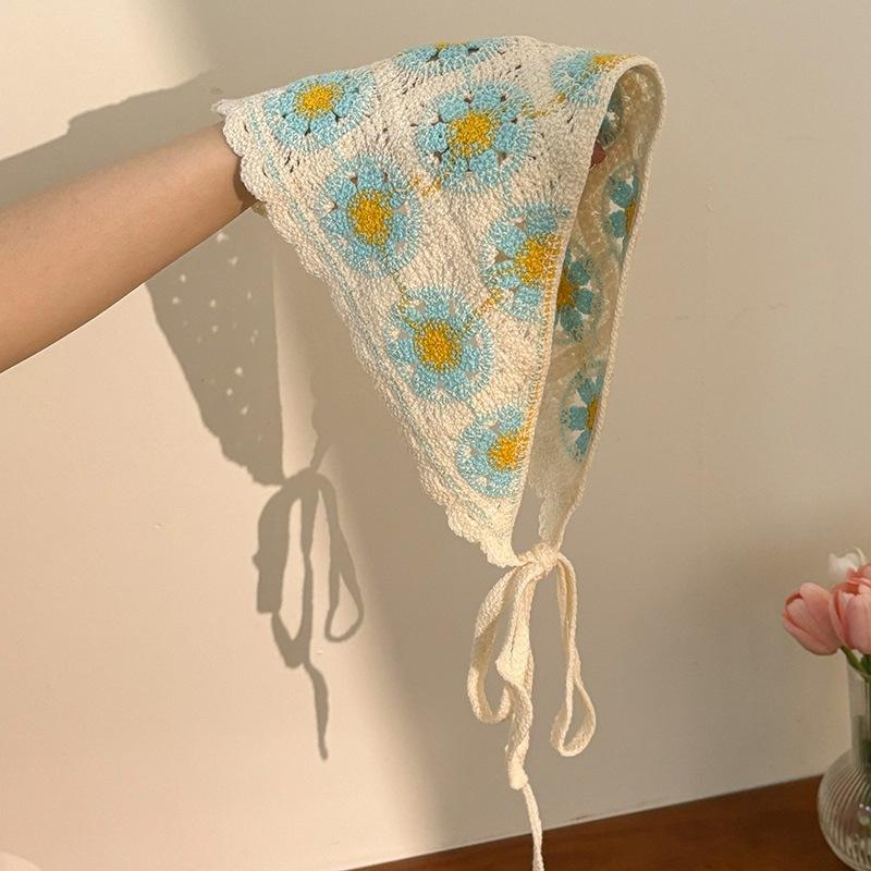 Knitted Crochet Headscarf French Pastoral Triangle Headband Handmade Soft Hair Wrapper for Beach Picnic Holiday Boho Fashion