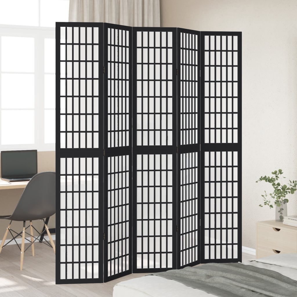 5 Piece Black Solid Wood Folding Screen Paulownia