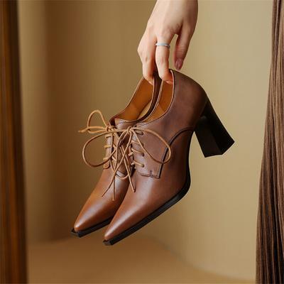 Fashion New Spring Cow Leather Women Shoes Pointed Toe Women Pumps Shoes for Women Lace High Heels Zapatos Mujer Loafers Ladies Shoes