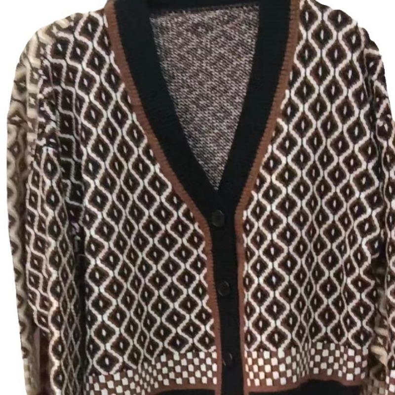 Autumn Winter Korean Retro Sweater Cardigan Jacket Women's Ins Temperament Contrasting Color V-neck Diamond Grid Thick Loose Outer Outfit