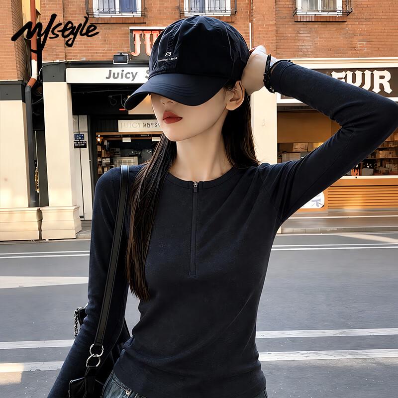 MJ STYLE Women's Half-Zip Long Sleeve Slim Fit T-Shirt