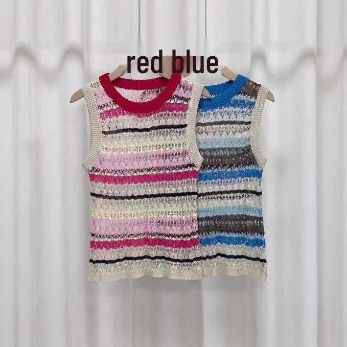 Dopamine Rainbow Striped Knit Vest - Women's Summer Slim Hollow Out Design