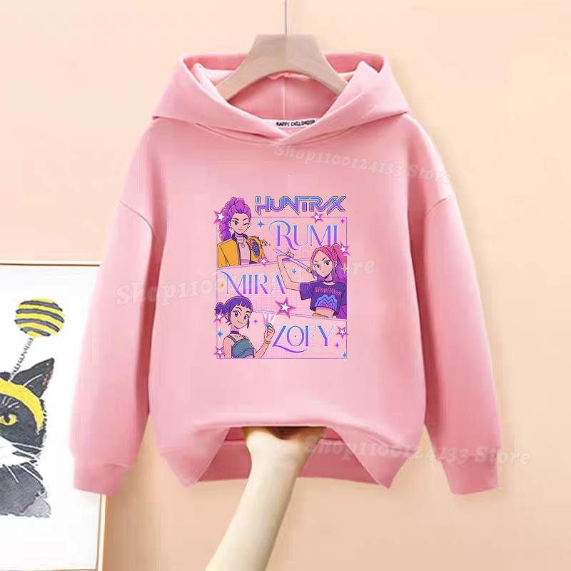Demone Hunter Girl's Pink Hooded Streetwear Autumn Cute Anime Baby Pullover Kids Y2K Kawaii Long Sleeved T-shirt Casual Clothes