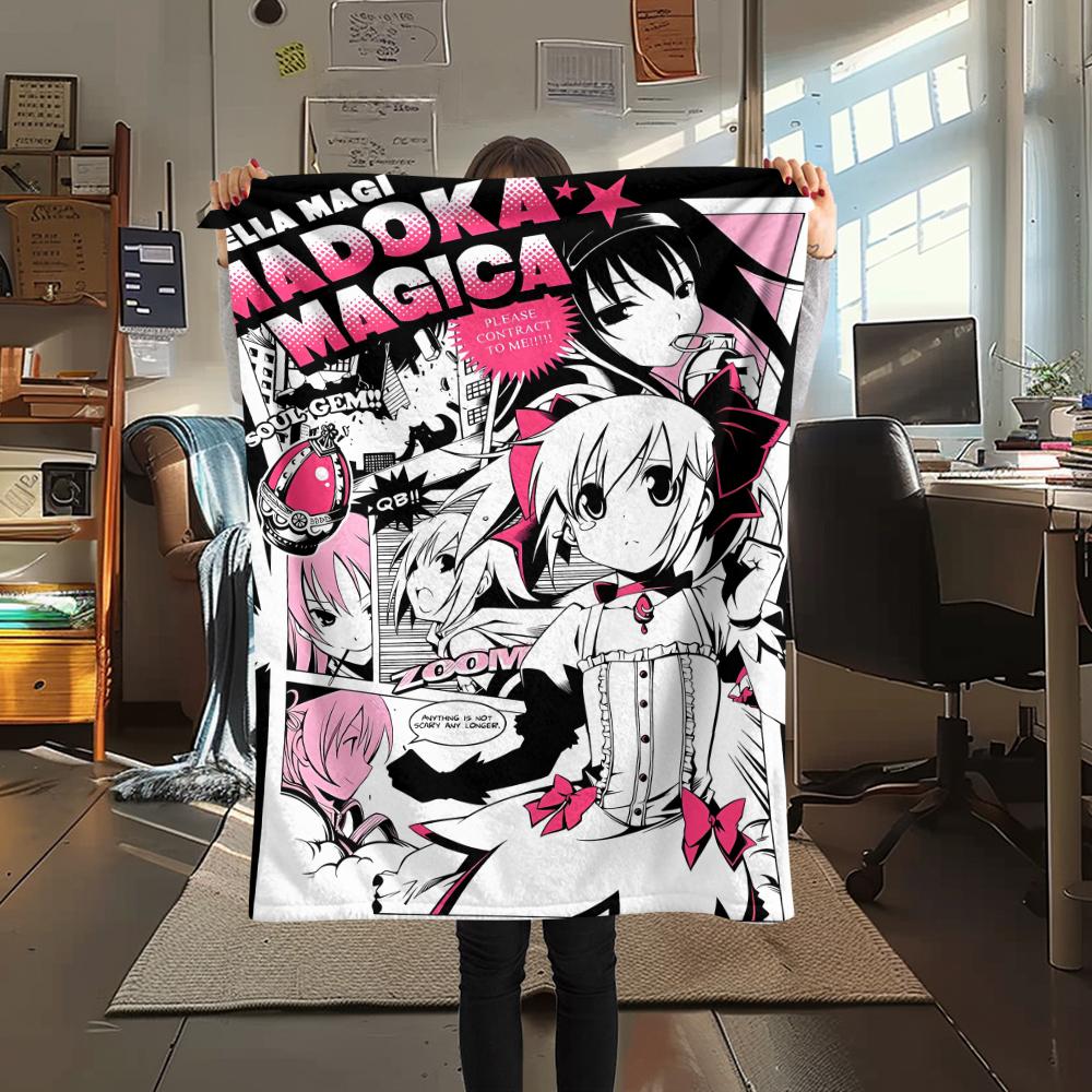 1PC Puella Magi Madoka Magica Print Flannel Blanket, High Quality All Seasons, Home Decor, Warmth and Comfort, Perfect for Christmas Gifts