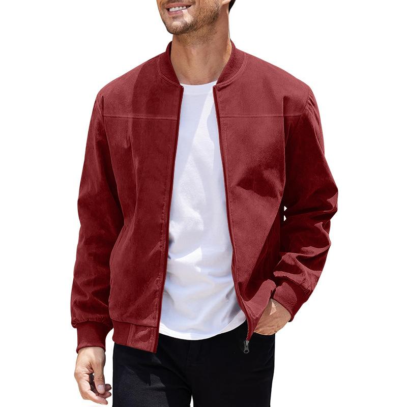 Men Suede Zip Up Jacket Long Sleeve Stand Collar Solid Color Casual Punk Style