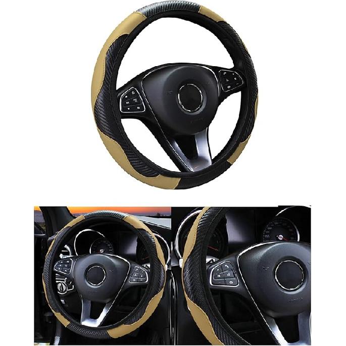 Car Steering Wheel Cover, 15 Inch Carbon Fiber Microfiber PU Leather Elastic Steering Wheel Protector For Men Women, Anti-Slip Breathable Car