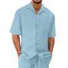 Men's Summer Hawaiian Solid Color Stripe Textured Breathable Loose Button Shirt