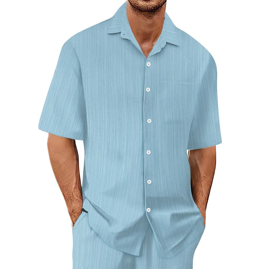 Men's Summer Hawaiian Solid Color Stripe Textured Breathable Loose Button Shirt