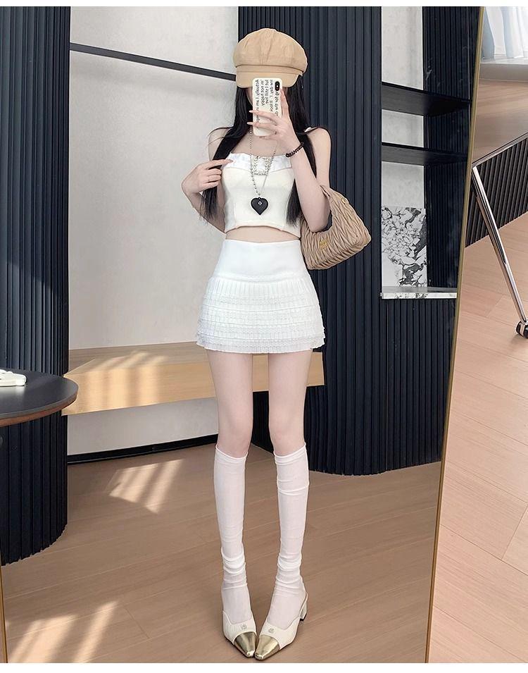 Chic Elastic Waist Pleated White Lace Skirt - Sweet High-Waist, Layered for Autumn/Winter