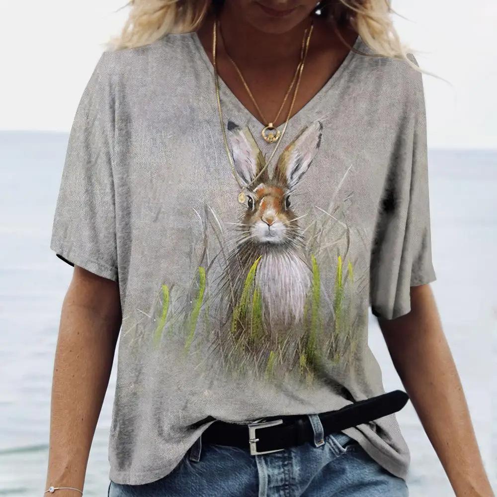 Ladies' V-neck T-shirt 3D Printed Animated Bunny Trendy Printed Short Sleeved T-shirt