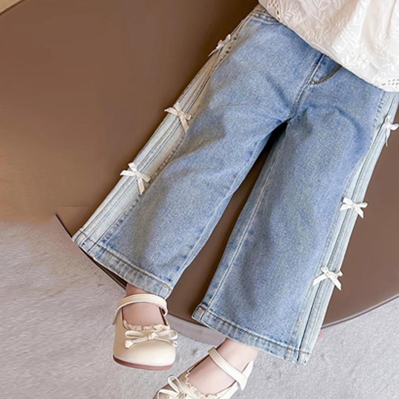 Baby Girls Spring Jeans Kids Summer Bow Denim Pants Children's Straight Wide-leg Trousers Toddler Autumn Loose Clothing 2-8Y