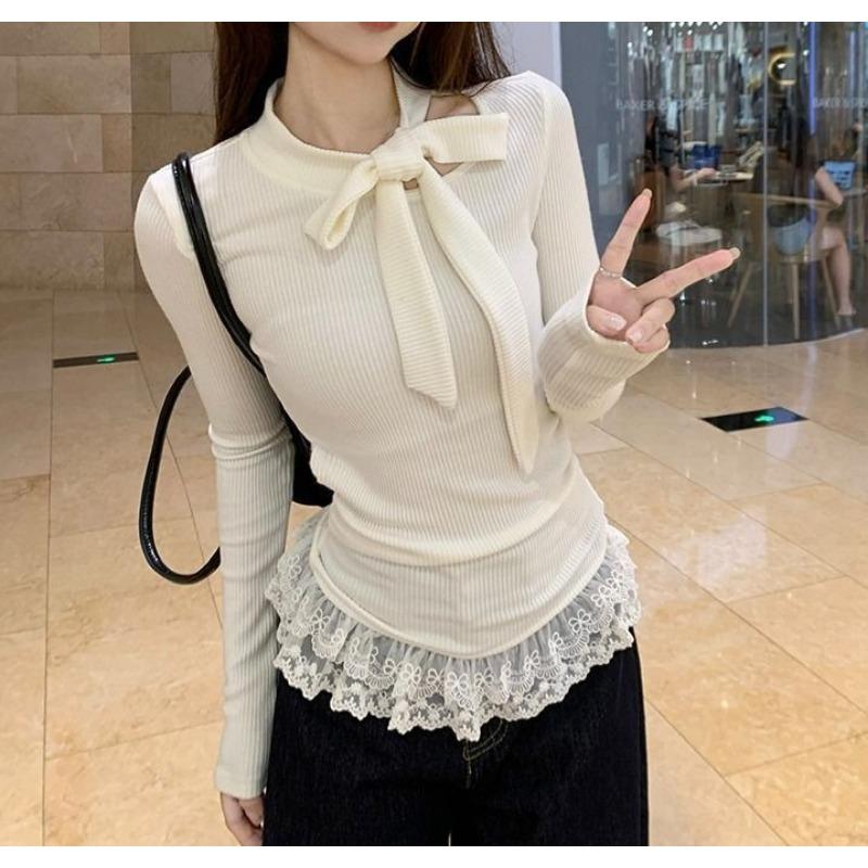 New Bow Tie Lace Splicing Women Blouse Long Sleeve Sweet T-Shirt Slim Fit Lace-up Solid Color Fashion Tops Elegant Casual Casual Clothing
