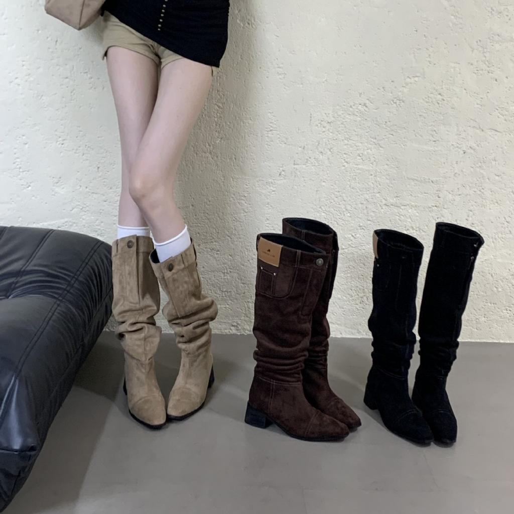 2025 New Autumn and Winter Pleated Piled Boots Round Head Thick Heel Suede Two Wear Knight Women's Boots