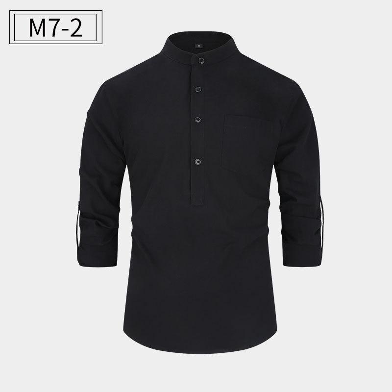 

Spring Autumn Stand Collar Vintage All-match Cotton Shirt Male Long Sleeve Solid Color Blouse All-match Top Men S чёрный