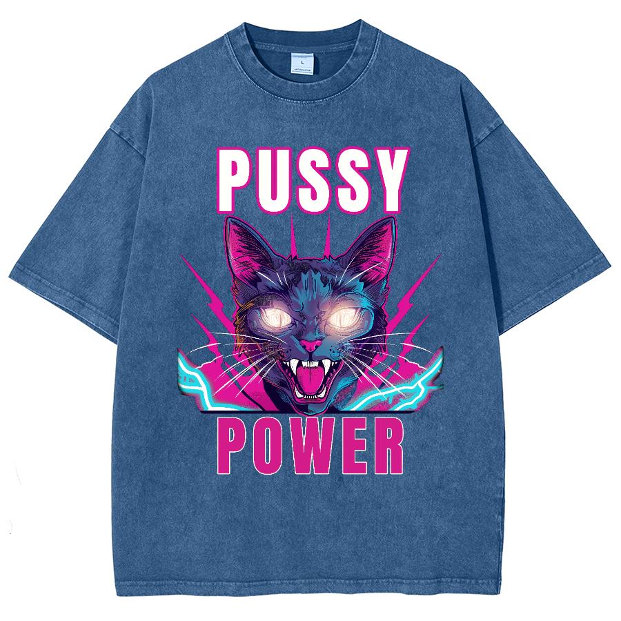 Pussy Power Cat Print dame T-skjorte vasket rund hals, kortermet Street Cool Top Unisex