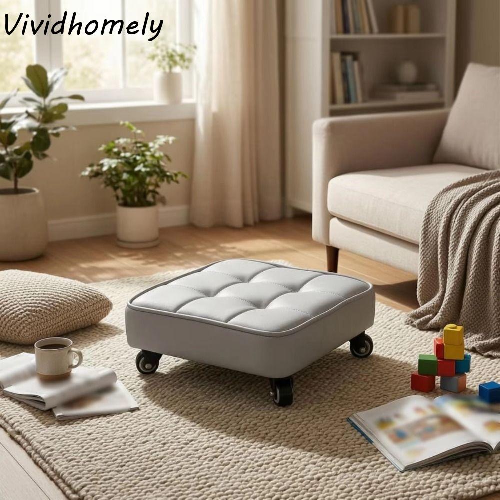 Minimalist Upholstered Swivel Caster Stool Square Shape Rounded Edges Low Sliding Bench 360° Stitched Foot Stool Tile Grouting